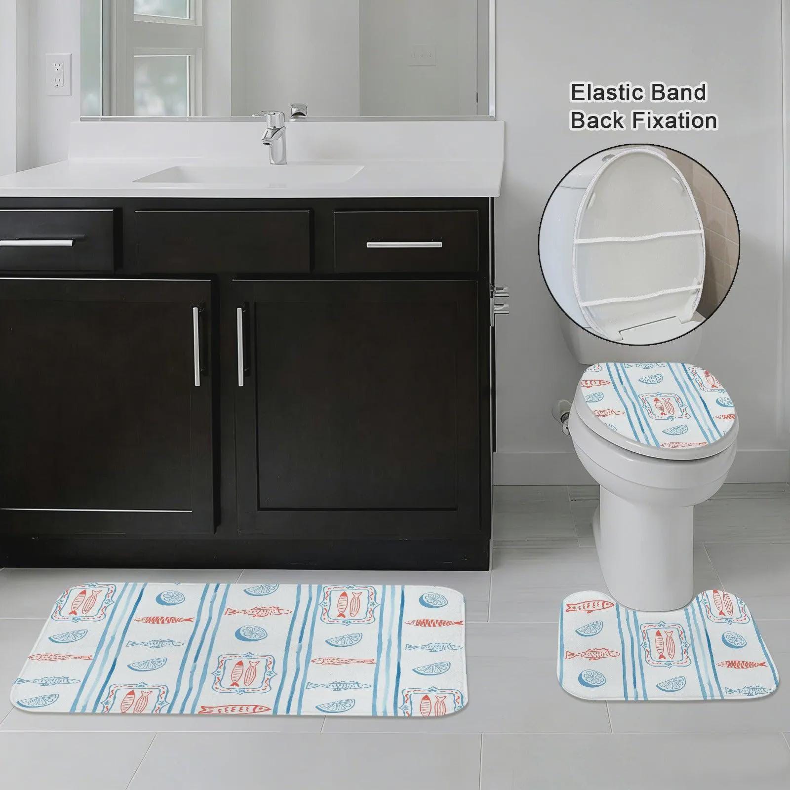 Mediterranean Fish Shower Curtain, Blue Stripe Lemon Bathroom Decor, Coastal Bath Panel