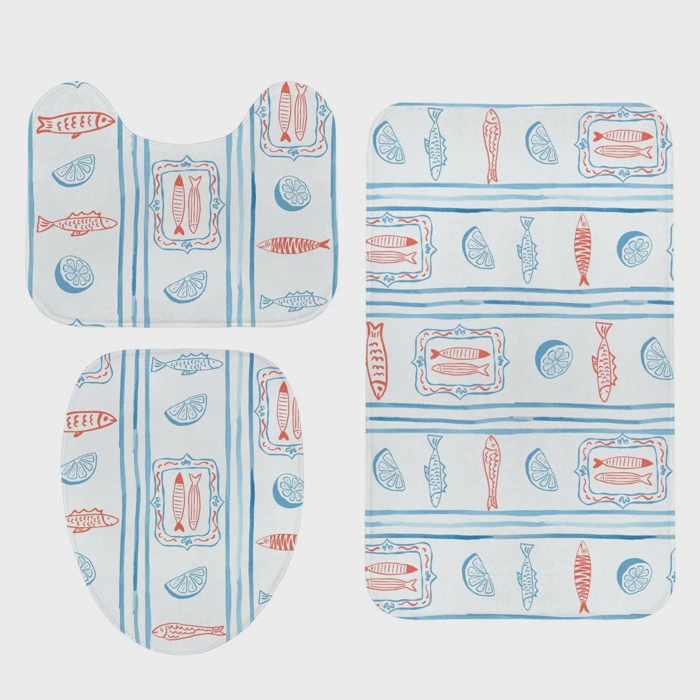 Mediterranean Fish Shower Curtain, Blue Stripe Lemon Bathroom Decor, Coastal Bath Panel