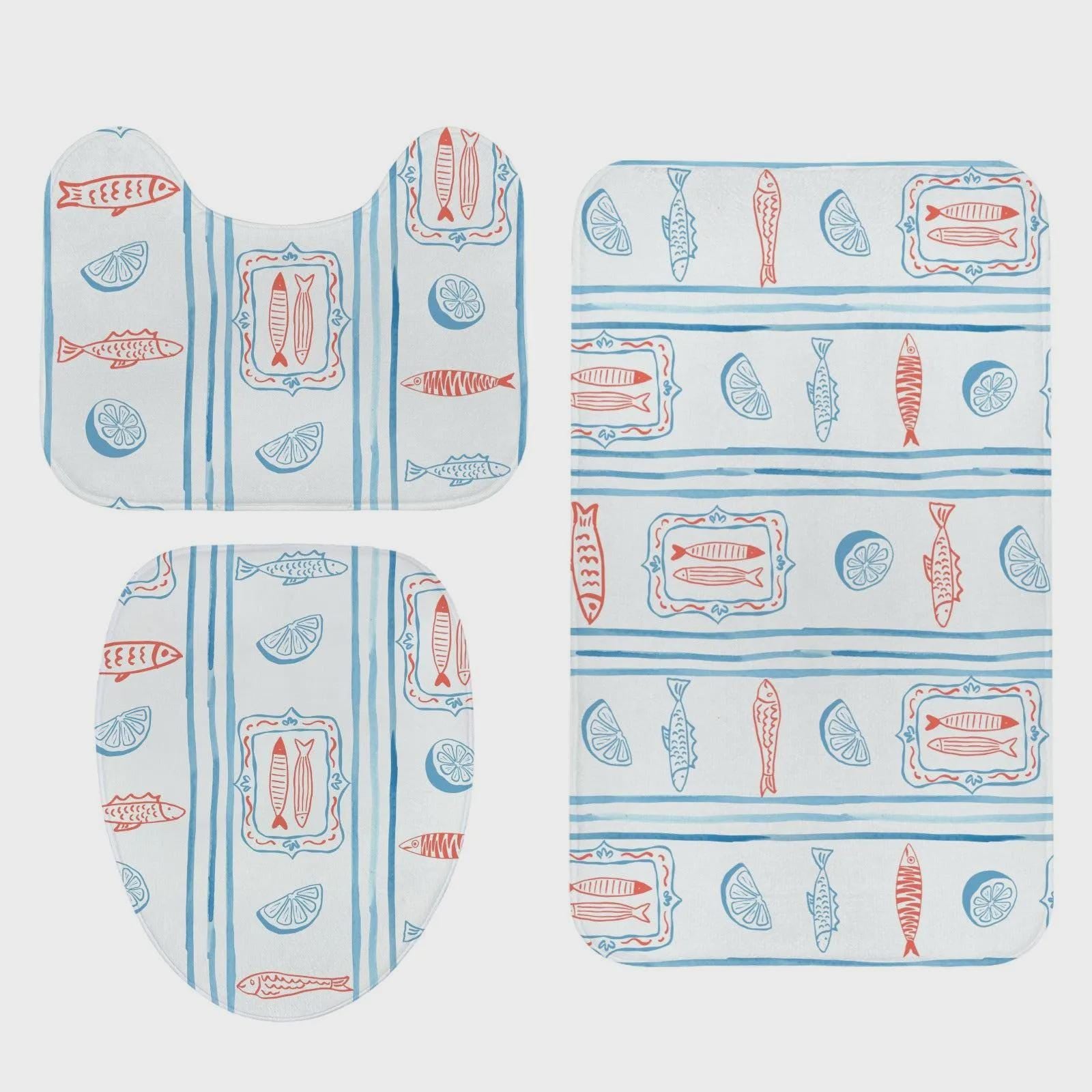 Mediterranean Fish Shower Curtain, Blue Stripe Lemon Bathroom Decor, Coastal Bath Panel