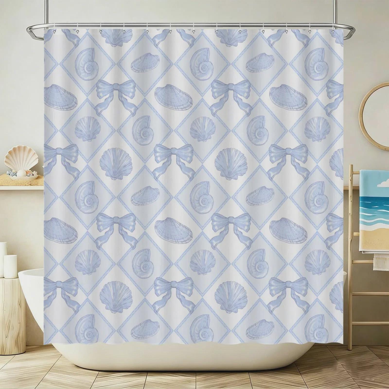 Blue Lattice Shell Bath Mat Set, Coastal Bow Toilet Rug, Seaside Bathroom Decor