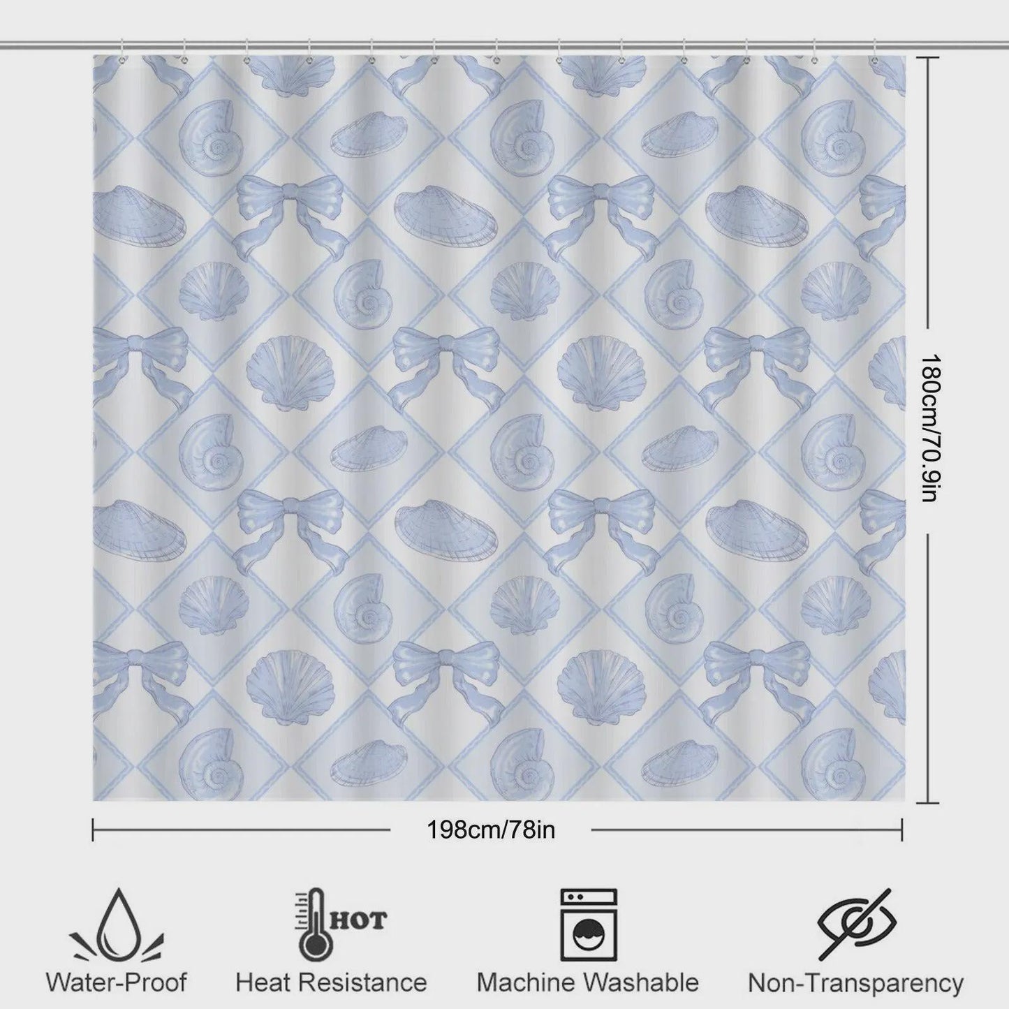 Blue Lattice Shell Bath Mat Set, Coastal Bow Toilet Rug, Seaside Bathroom Decor