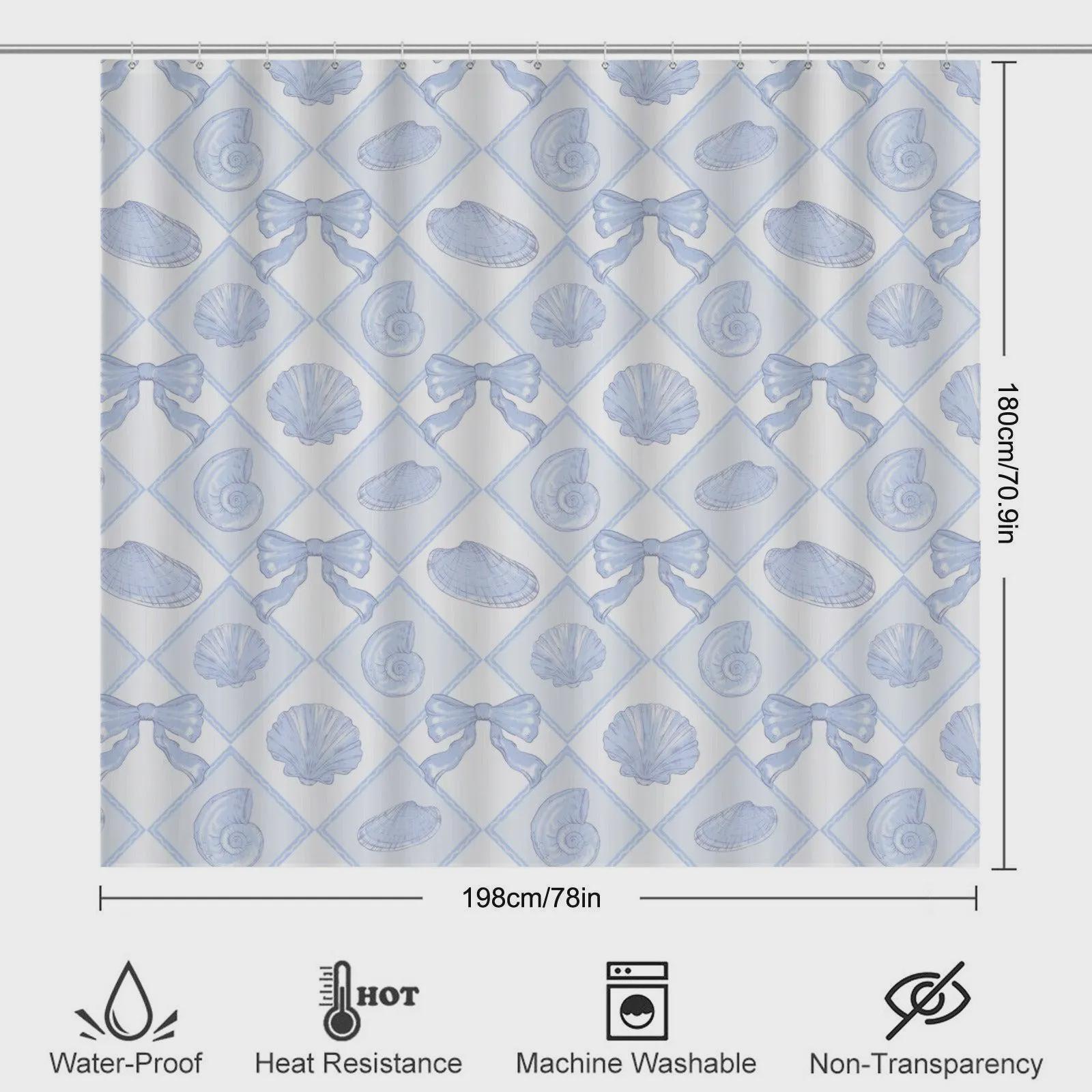 Blue Lattice Shell Bath Mat Set, Coastal Bow Toilet Rug, Seaside Bathroom Decor
