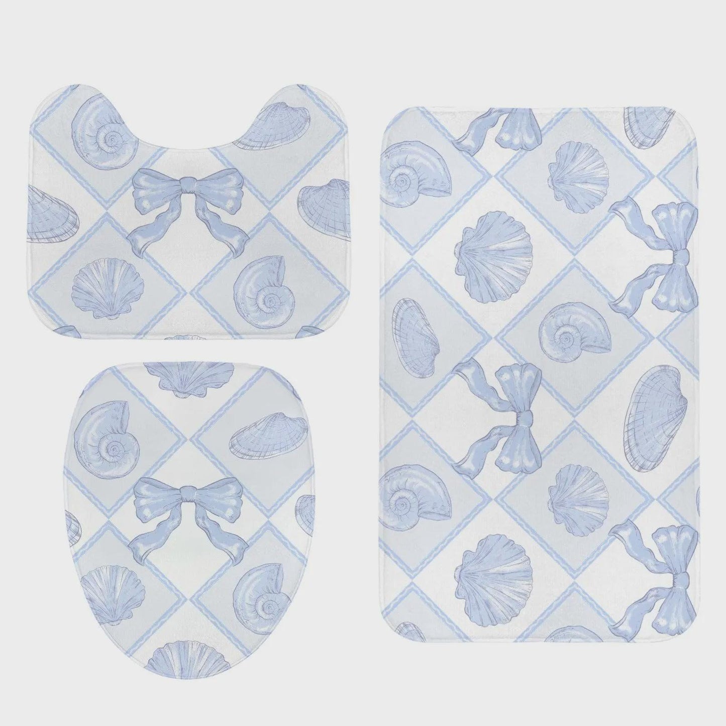 Blue Seashell Bow Shower Curtain, Coastal Beach Cottage Bath Decor