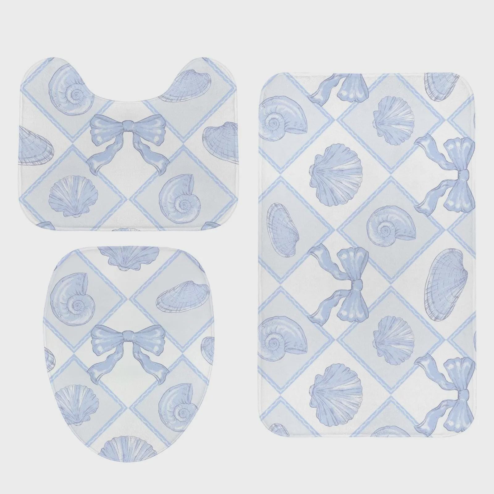 Blue Seashell Bow Shower Curtain, Coastal Beach Cottage Bath Decor