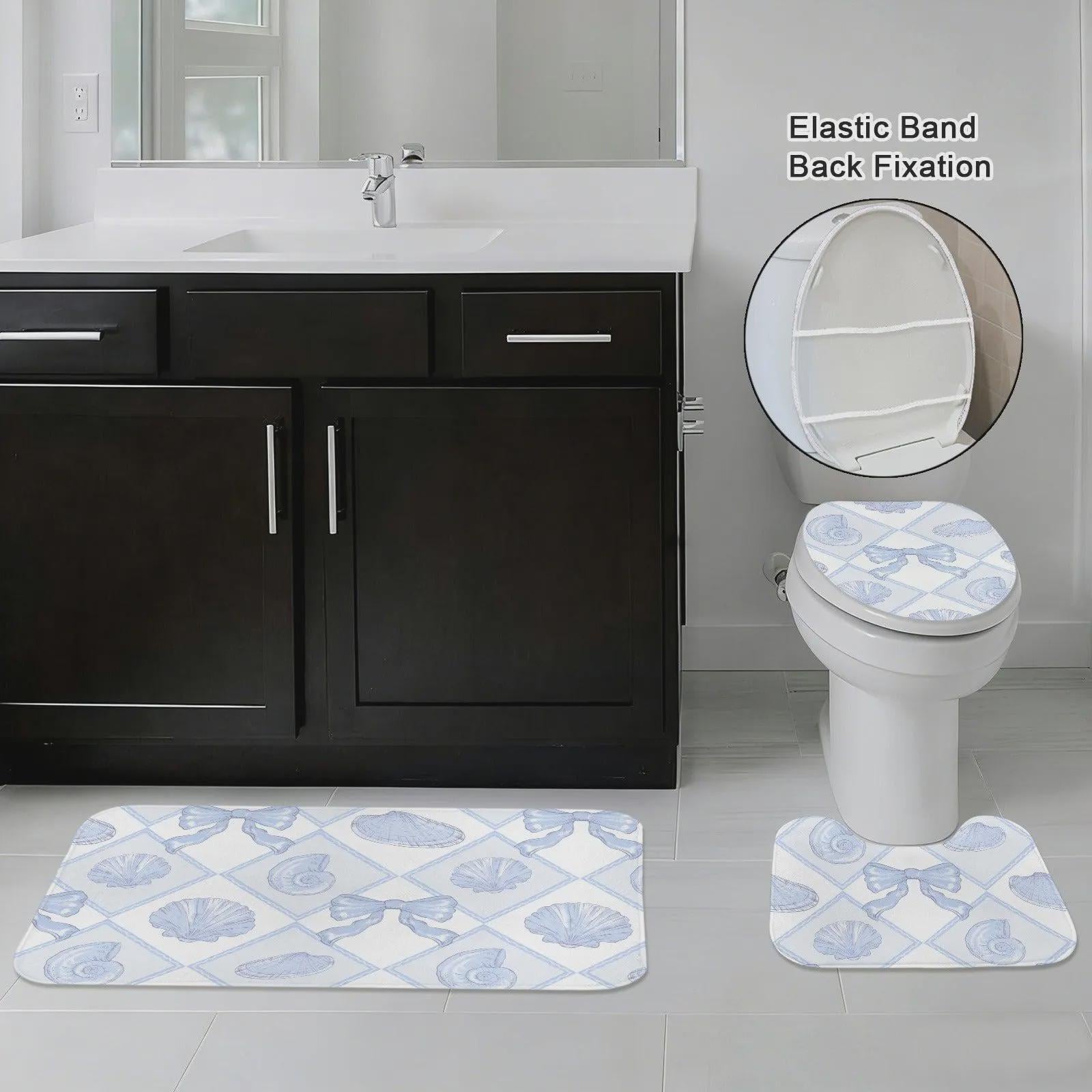 Blue Seashell Bow Shower Curtain, Coastal Beach Cottage Bath Decor