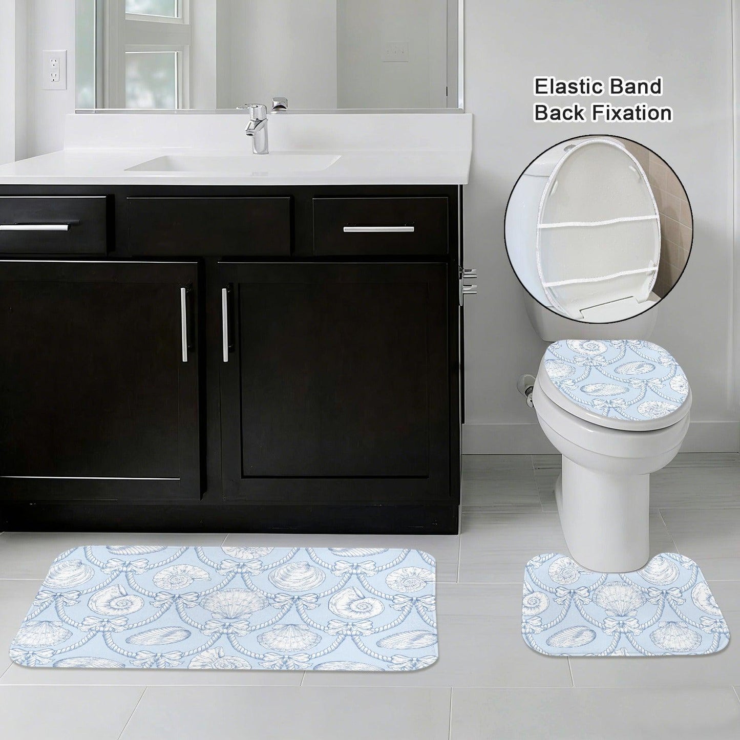 Blue Toile Seashell Shower Curtain, French Coastal Bathroom Decor, Nautical Rope Bow Bath Curtain