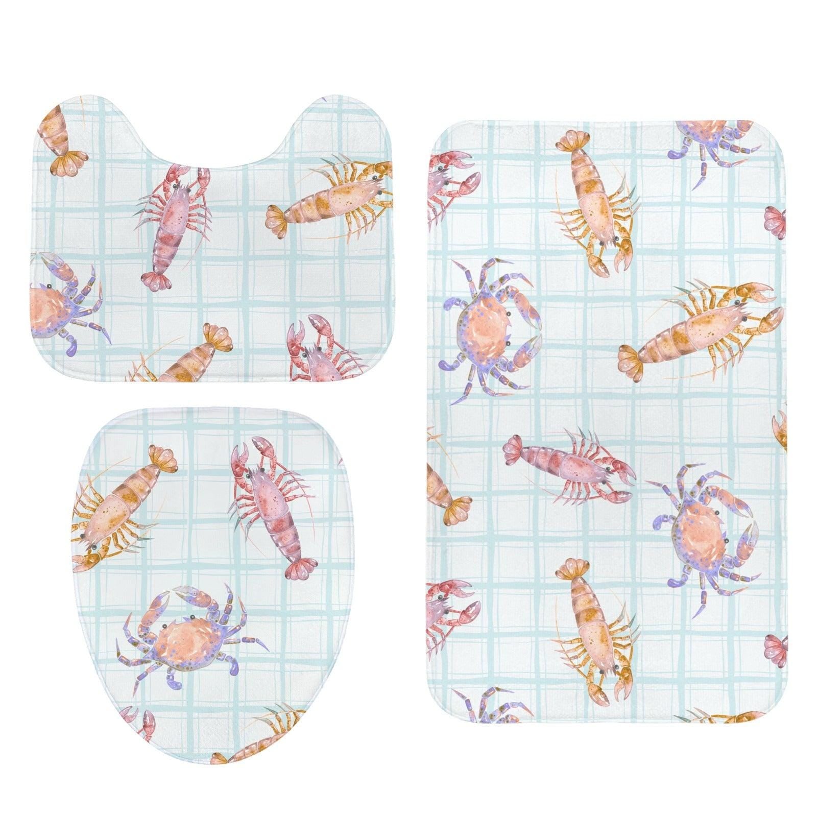 Seafood Bathroom Rug Set, Lobster Crab Shrimp Bath Mat, Coastal Plaid Decor