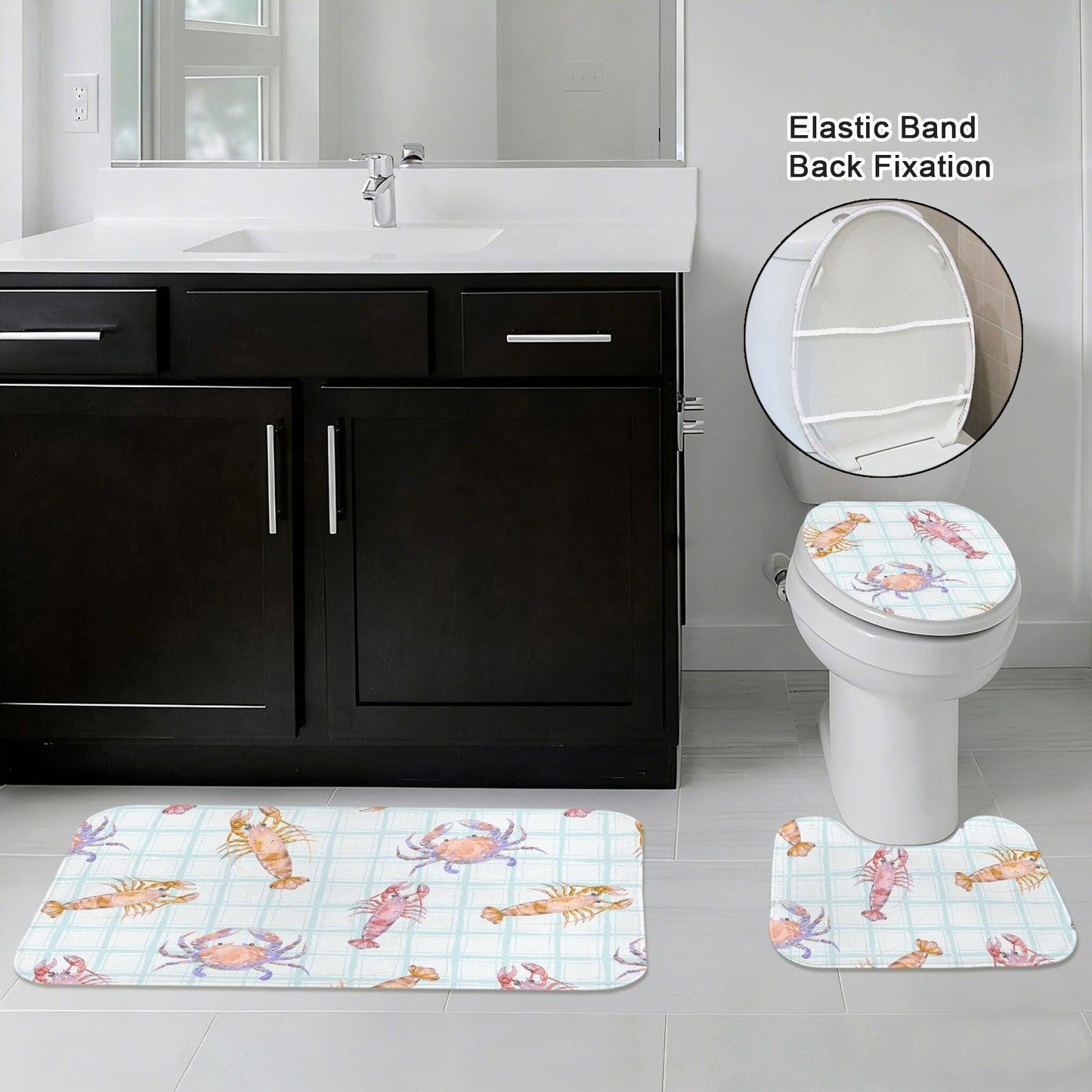 Seafood Bathroom Rug Set, Lobster Crab Shrimp Bath Mat, Coastal Plaid Decor