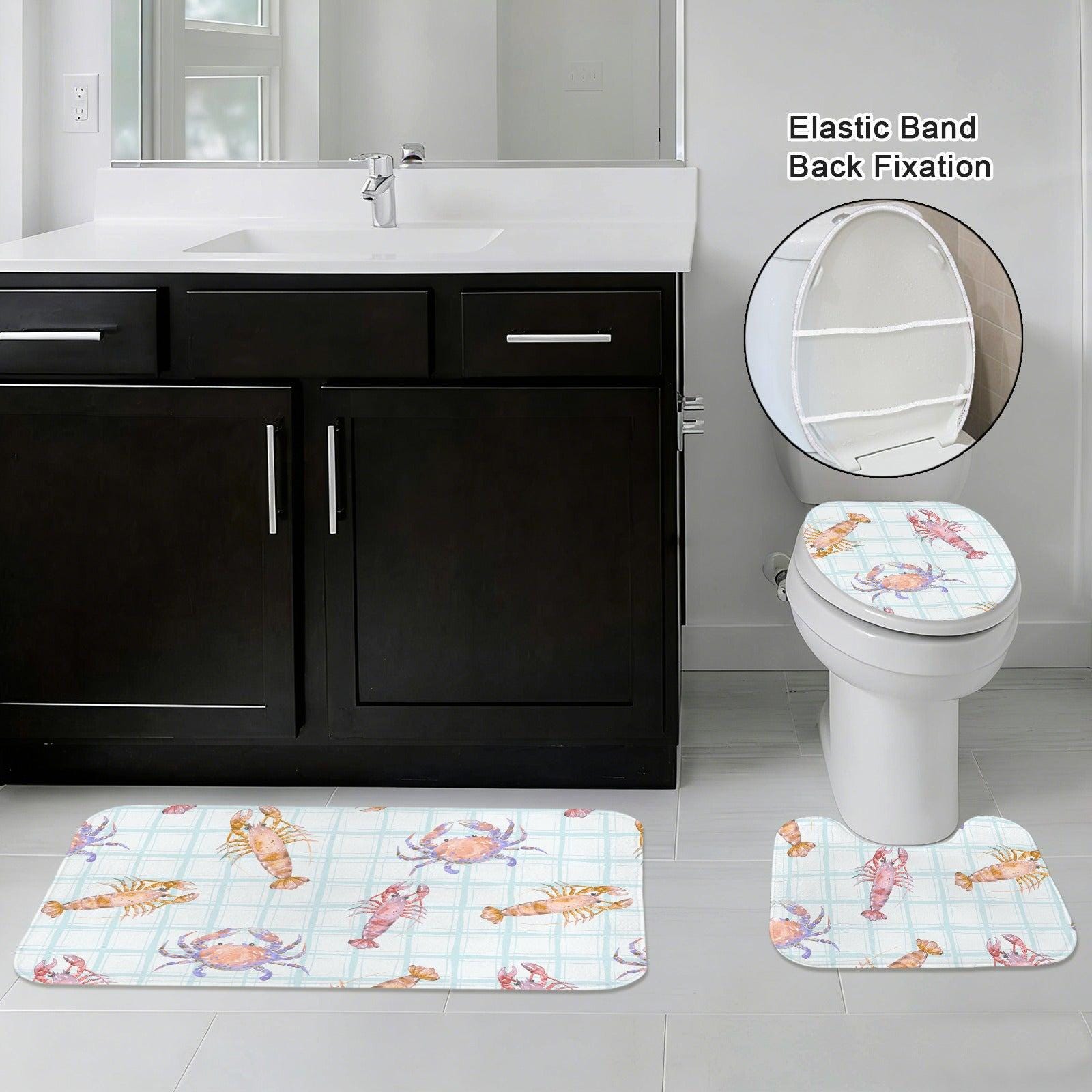 Seafood Bathroom Rug Set, Lobster Crab Shrimp Bath Mat, Coastal Plaid Decor