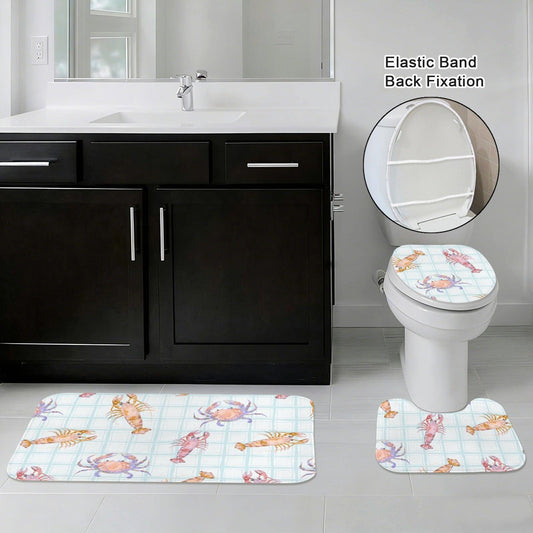 Seafood Bathroom Rug Set, Lobster Crab Shrimp Bath Mat, Coastal Plaid Decor