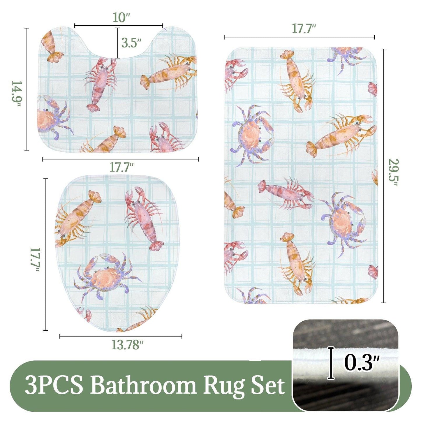 Seafood Bathroom Rug Set, Lobster Crab Shrimp Bath Mat, Coastal Plaid Decor