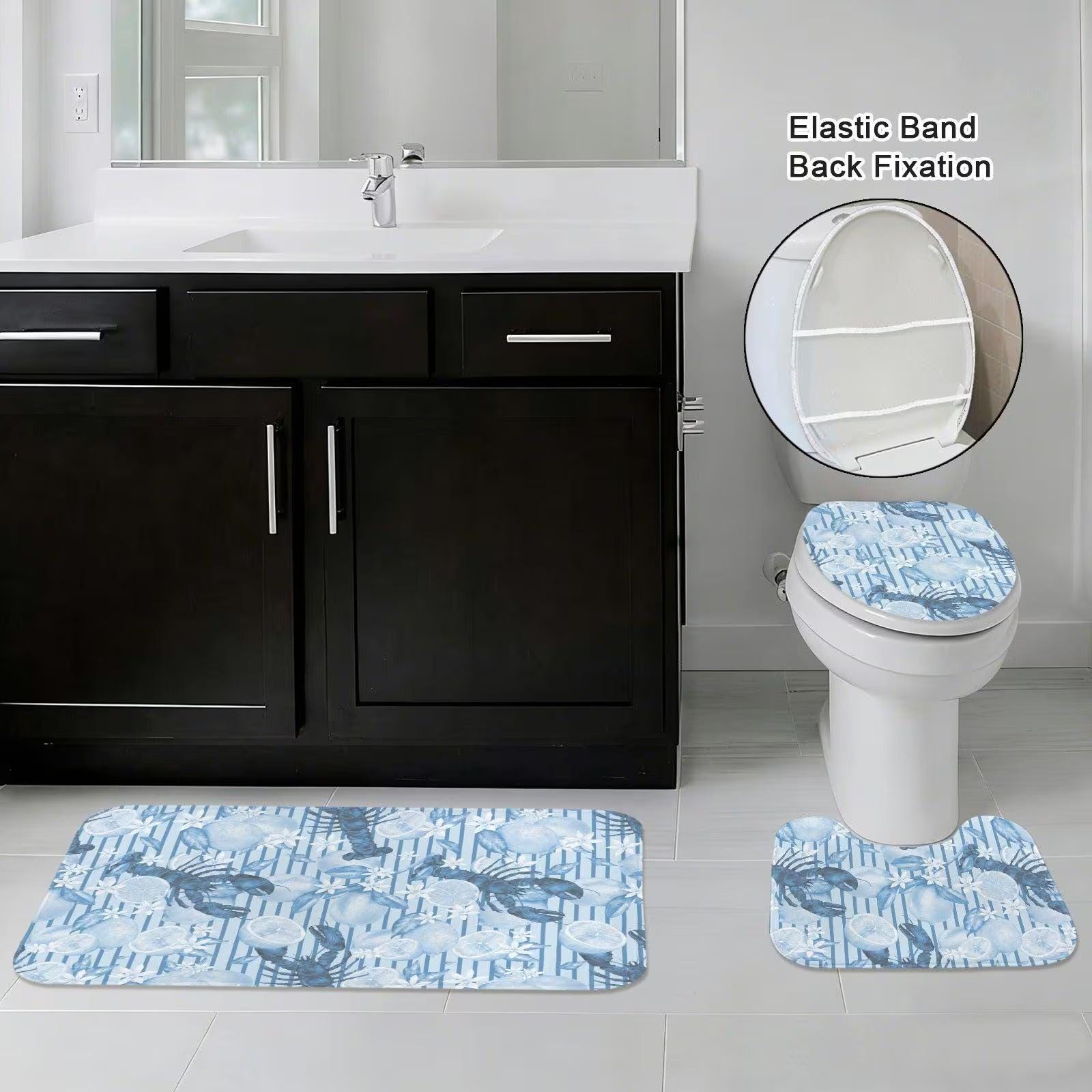 Blue Lobster Lemon Shower Curtain, Coastal Citrus Bathroom Decor, Amalfi Stripe Ocean Print