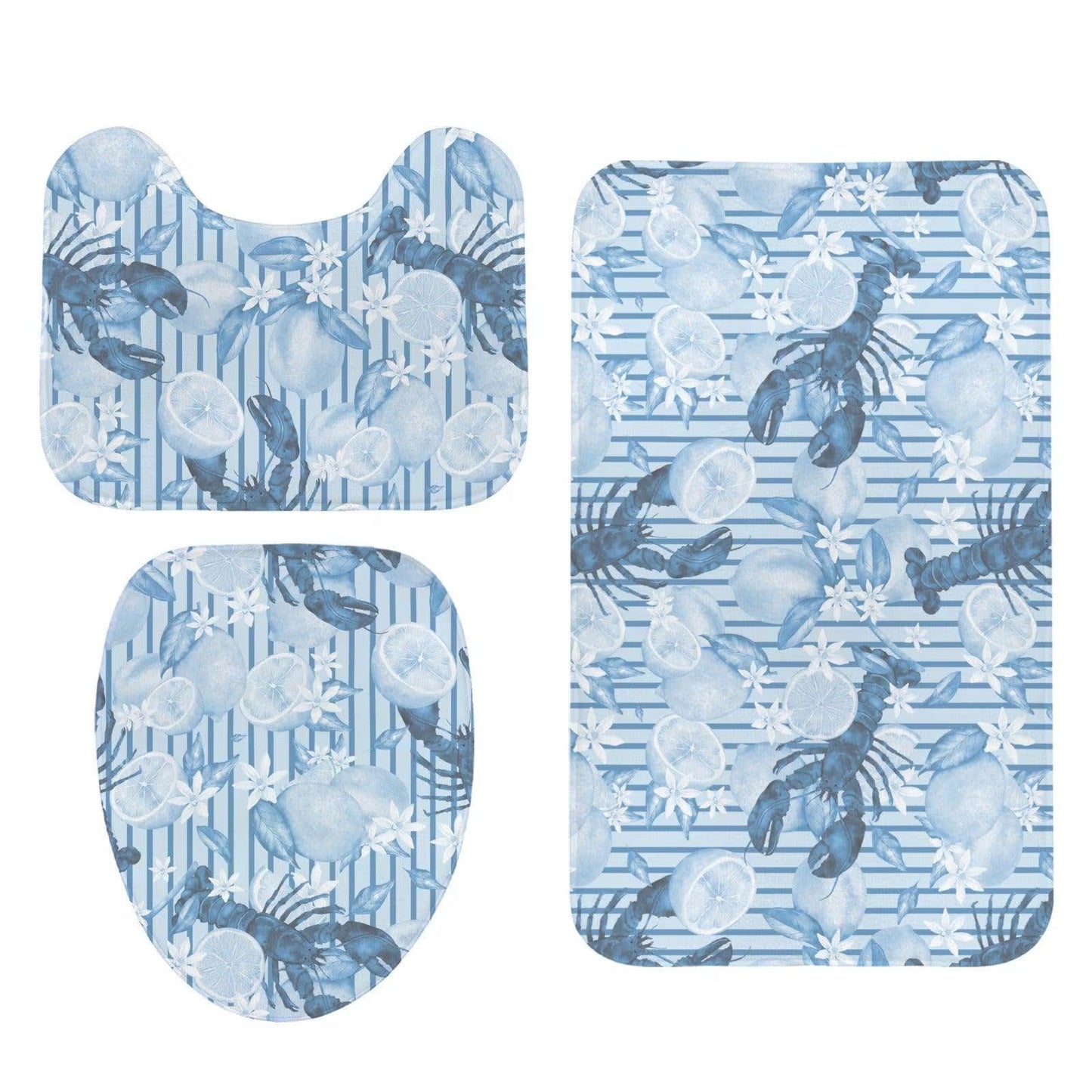Blue Lobster Lemon Shower Curtain, Coastal Citrus Bathroom Decor, Amalfi Stripe Ocean Print