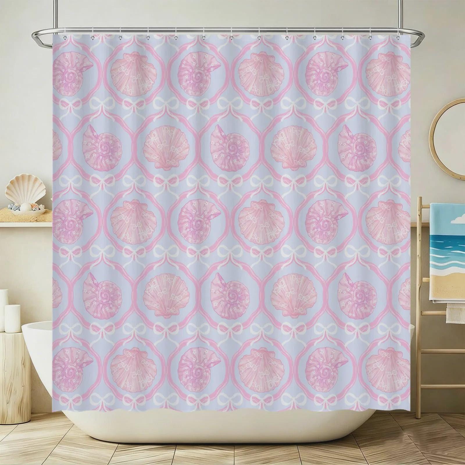 111Seashell Bath Mat Set, Pink Coquette Bathroom Rug With Toilet Lid Cover, Pastel Bow Shell Decor, Mermaidcore Powder Room Accent