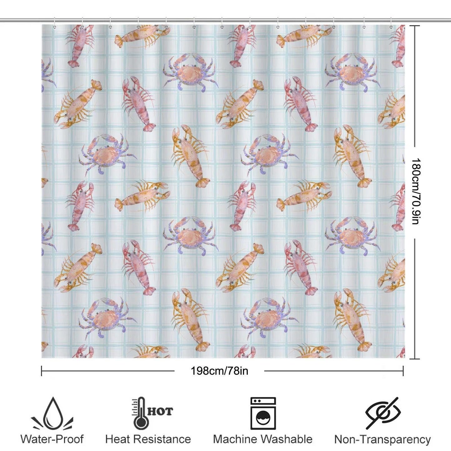 Seafood Bathroom Rug Set, Lobster Crab Shrimp Bath Mat, Coastal Plaid Decor