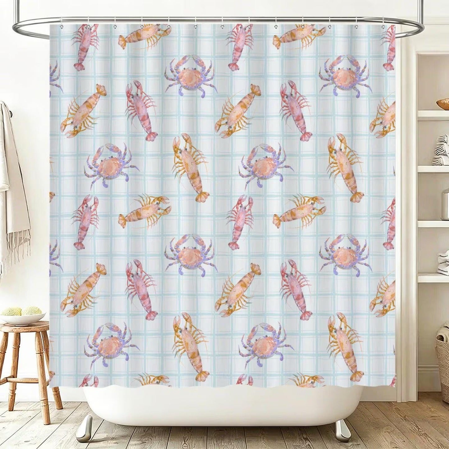 Seafood Bathroom Rug Set, Lobster Crab Shrimp Bath Mat, Coastal Plaid Decor