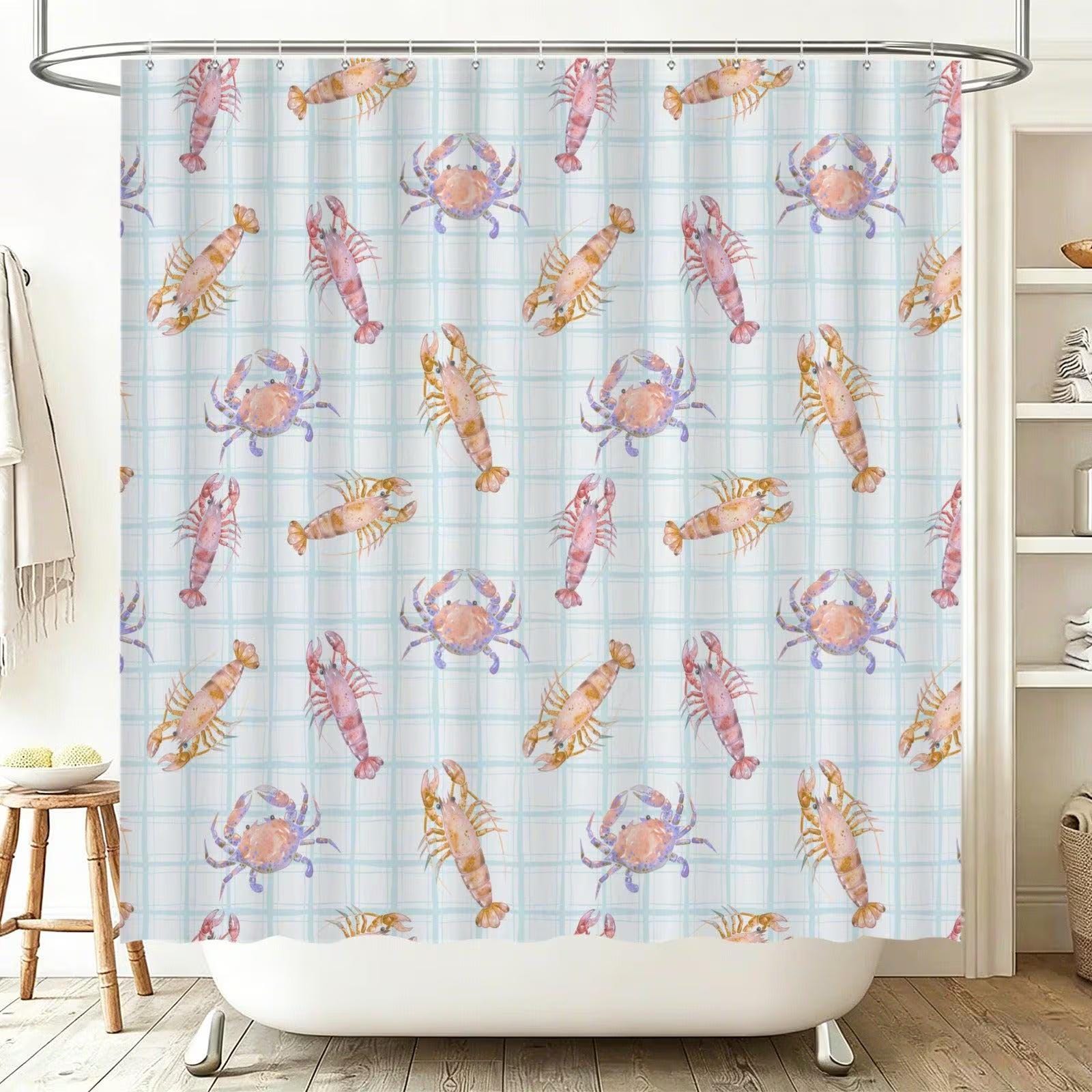 Seafood Bathroom Rug Set, Lobster Crab Shrimp Bath Mat, Coastal Plaid Decor