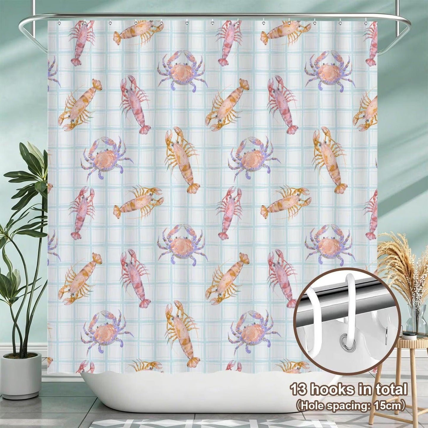 Seafood Bathroom Rug Set, Lobster Crab Shrimp Bath Mat, Coastal Plaid Decor