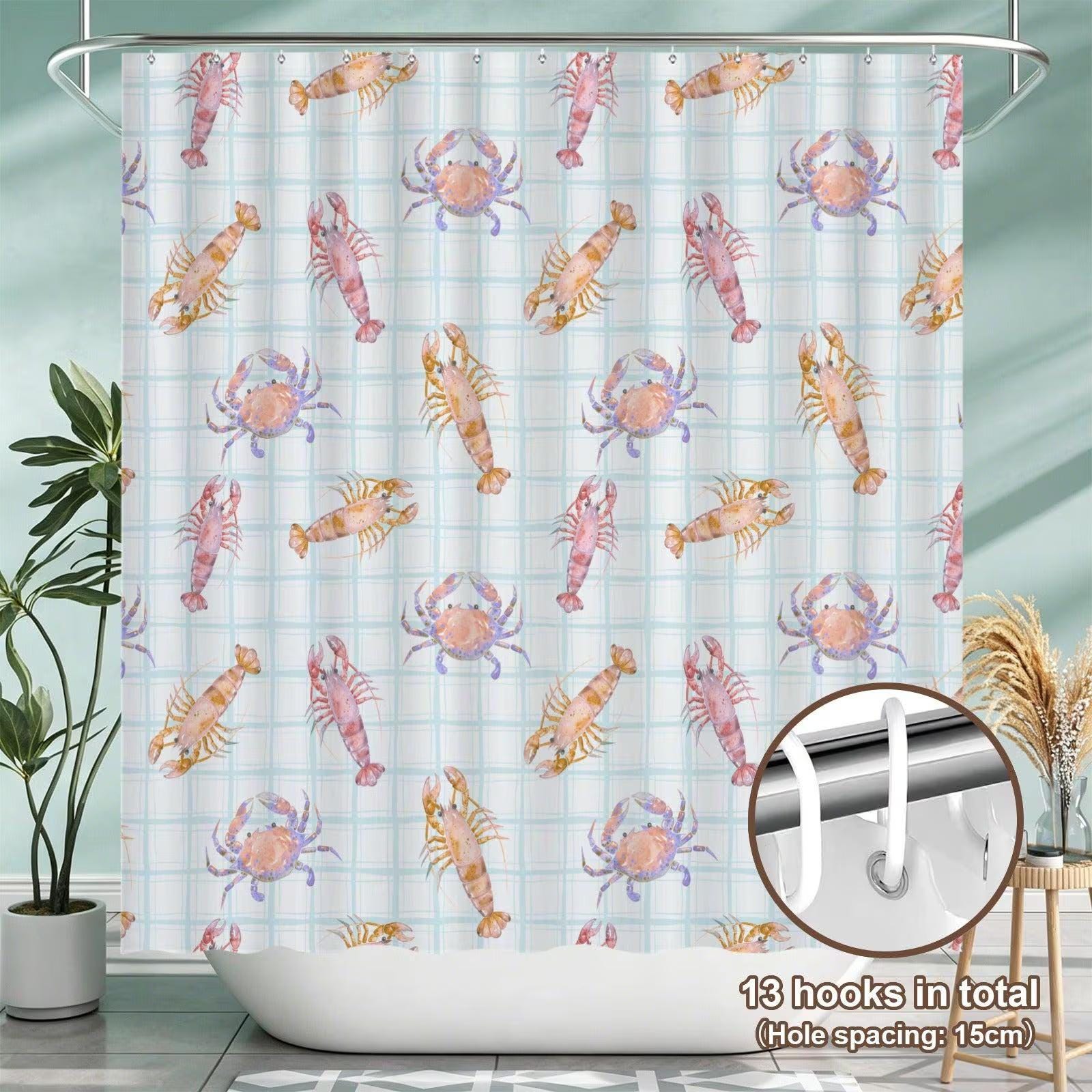 Seafood Bathroom Rug Set, Lobster Crab Shrimp Bath Mat, Coastal Plaid Decor