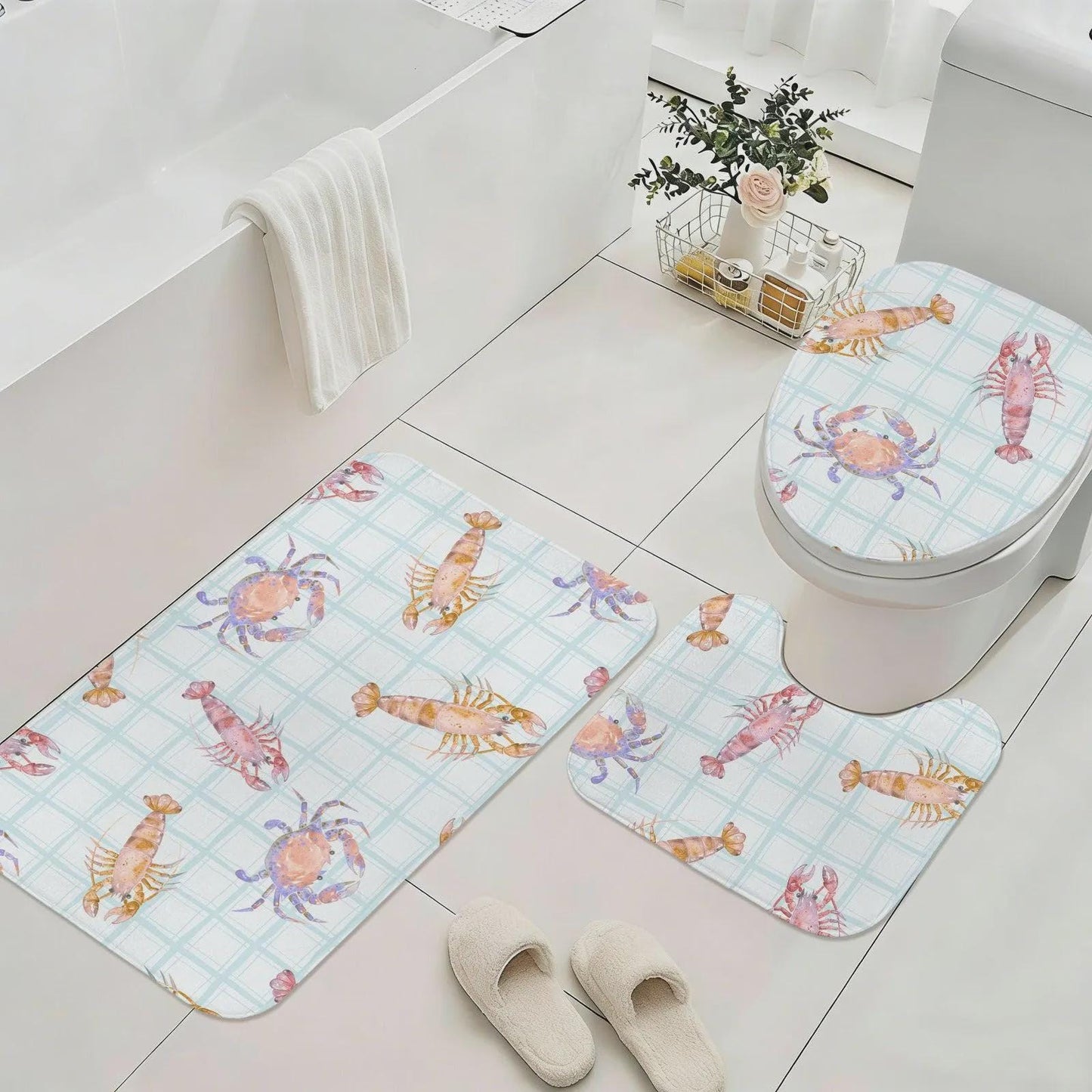 Lobster Crab Shower Curtain, Watercolor Shellfish Bath Decor, Coastal Blue Plaid Bathroom Accent