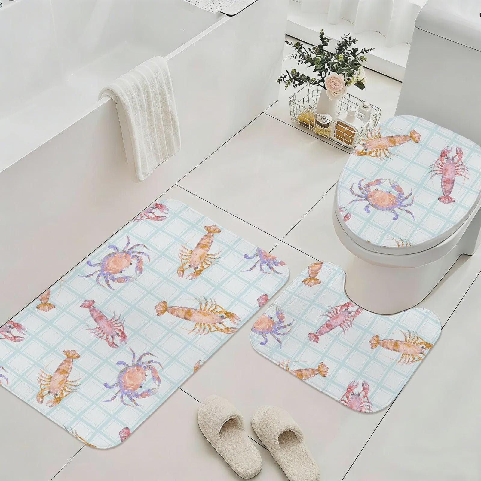 Lobster Crab Shower Curtain, Watercolor Shellfish Bath Decor, Coastal Blue Plaid Bathroom Accent