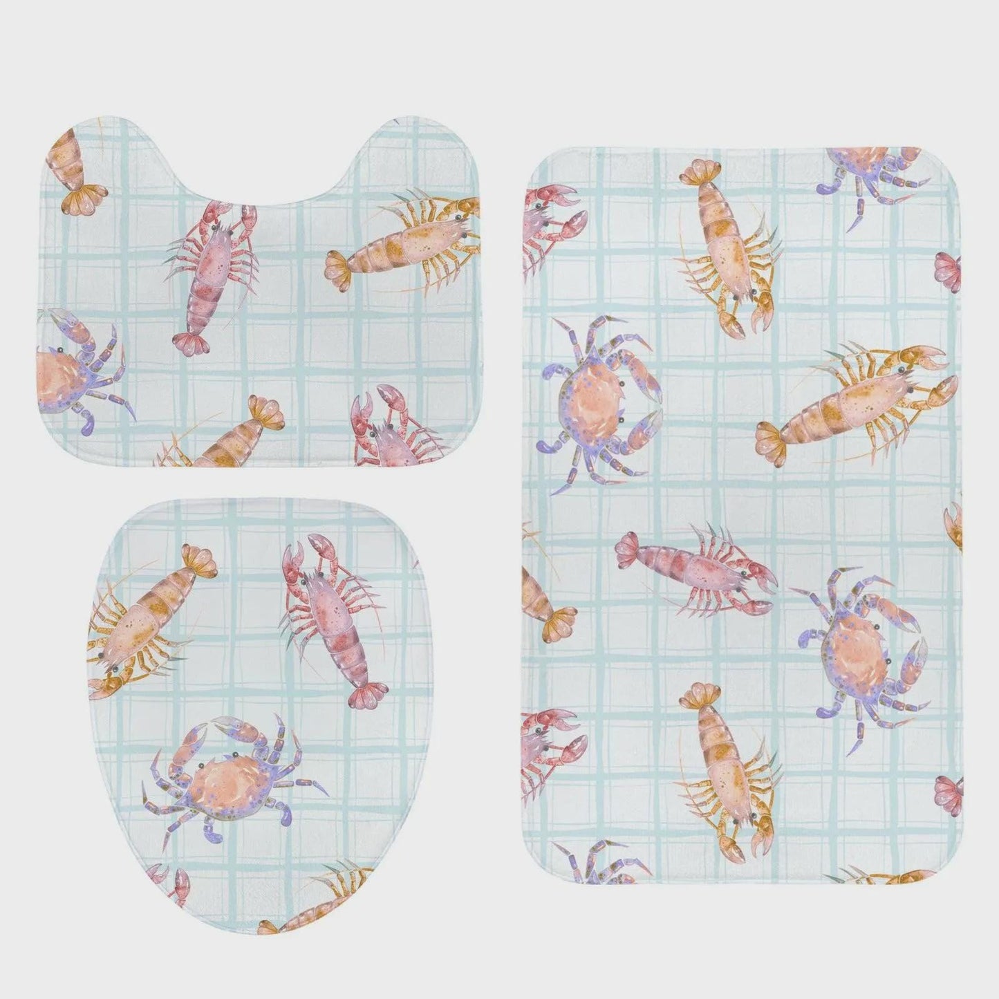 Lobster Crab Shower Curtain, Watercolor Shellfish Bath Decor, Coastal Blue Plaid Bathroom Accent