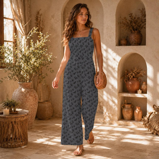 Women's Charcoal Bat Print Wide Leg Jumpsuit, Dark Romance Romper