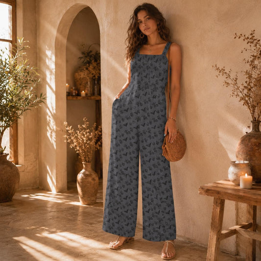 Women's Charcoal Bat Print Wide Leg Jumpsuit, Dark Romance Romper
