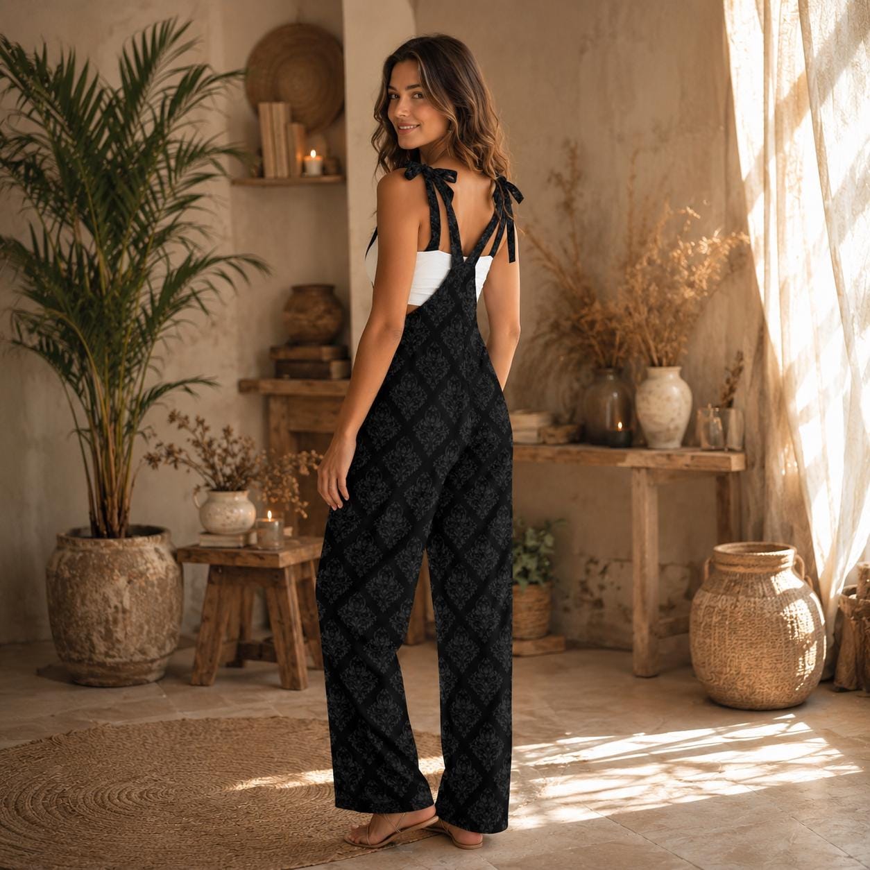Gothic Wide Leg Jumpsuit, Black Damask Tie Strap Overalls, Dark Academia Outfit