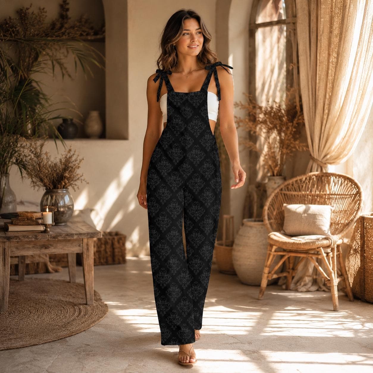 Gothic Wide Leg Jumpsuit, Black Damask Tie Strap Overalls, Dark Academia Outfit