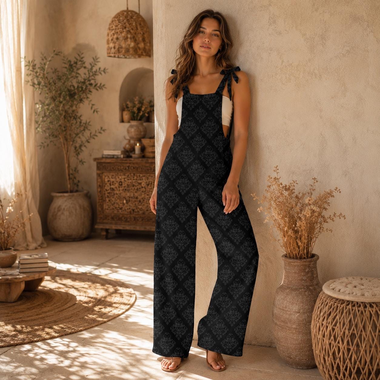 Gothic Wide Leg Jumpsuit, Black Damask Tie Strap Overalls, Dark Academia Outfit