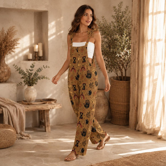 Tarot Print Jumpsuit, Celestial Wide Leg Overalls, Boho Witchy Romper