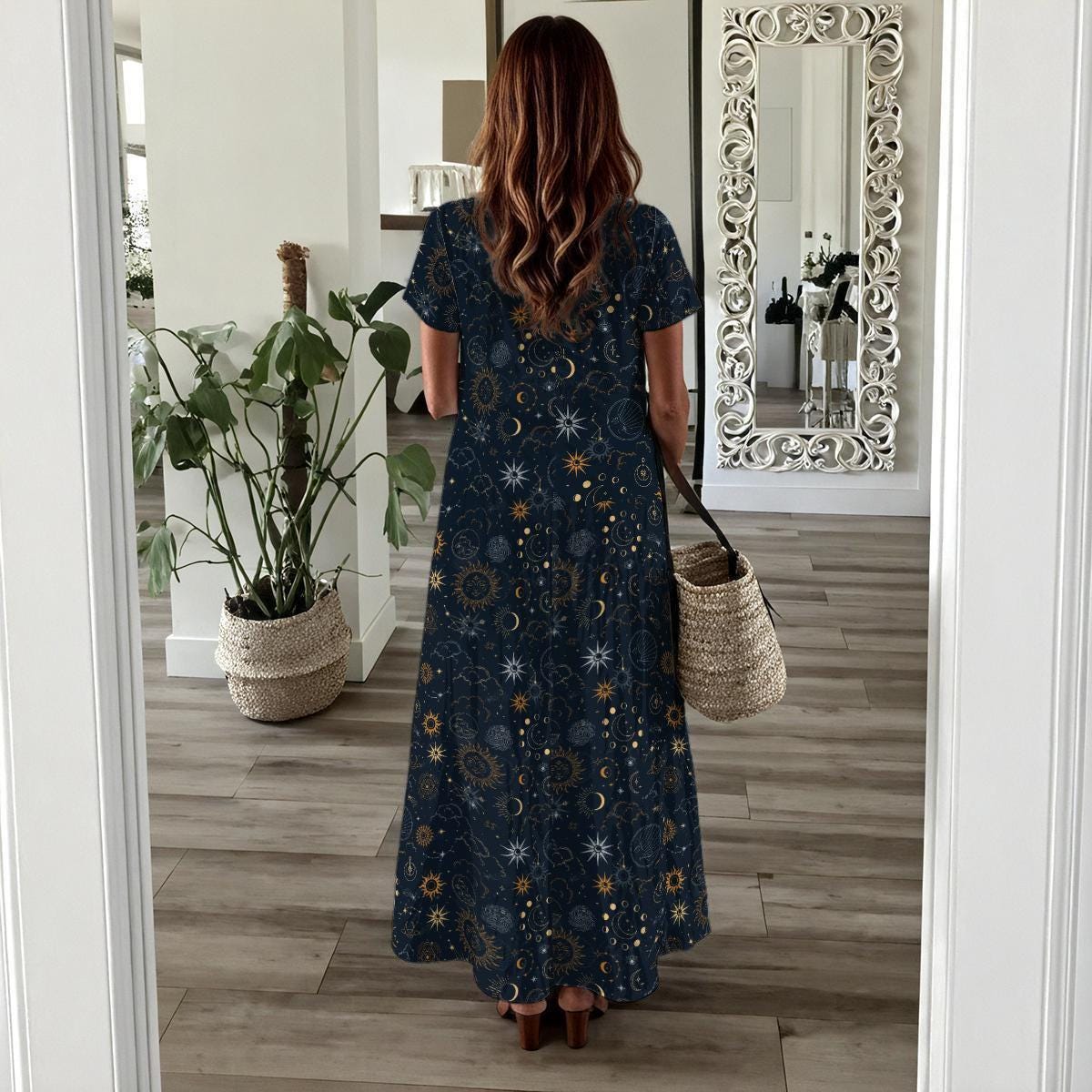 Celestial Sun Moon Maxi Dress, Navy Boho Lounge Outfit, Astrology Star Print