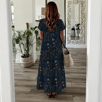 Celestial Sun Moon Maxi Dress, Navy Boho Lounge Outfit, Astrology Star Print
