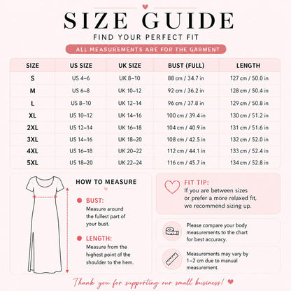 The image is a size guide that provides measurements for different sizes of dresses, including US and UK sizes, bust, and length. It also includes a how-to-measure section with tips for finding the perfect fit.