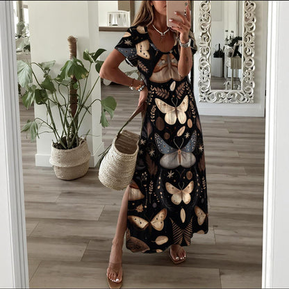Dark Boho Moth Print Maxi Dress, Woodland Butterfly Slit Summer Outfit, Festival & Garden Wear