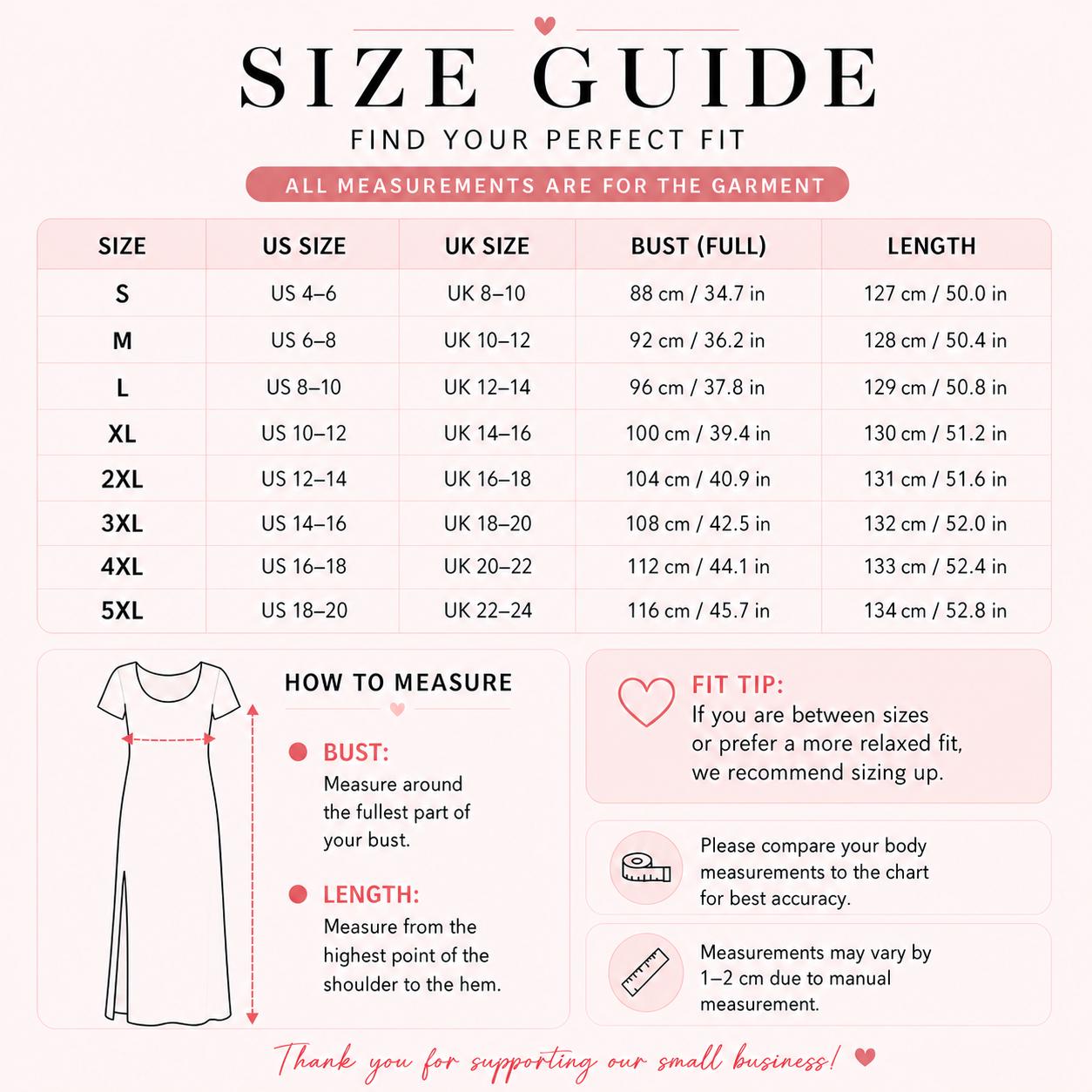 The image is a size guide that provides measurements for different sizes of dresses, including US and UK sizes, bust, and length. It also includes a how-to-measure section with tips for finding the perfect fit.