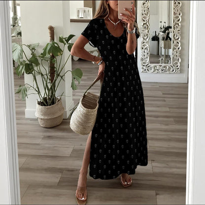 Black Skull Maxi Dress, Subtle Allover Print, Casual Summer Lounge Outfit