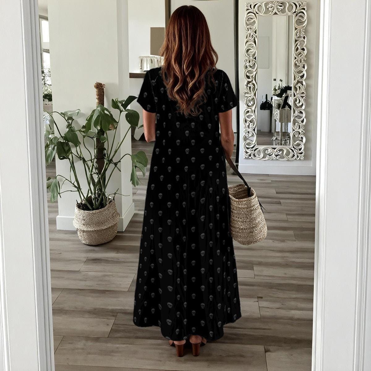 Black Skull Maxi Dress, Subtle Allover Print, Casual Summer Lounge Outfit