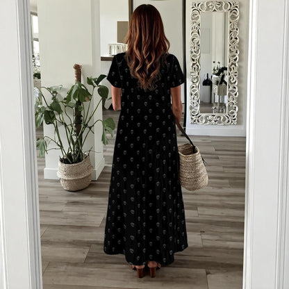 Black Skull Maxi Dress, Subtle Allover Print, Casual Summer Lounge Outfit