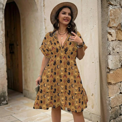 Mustard Mystic Symbol Mini Dress, Moon Phase Hand Print Babydoll Outfit