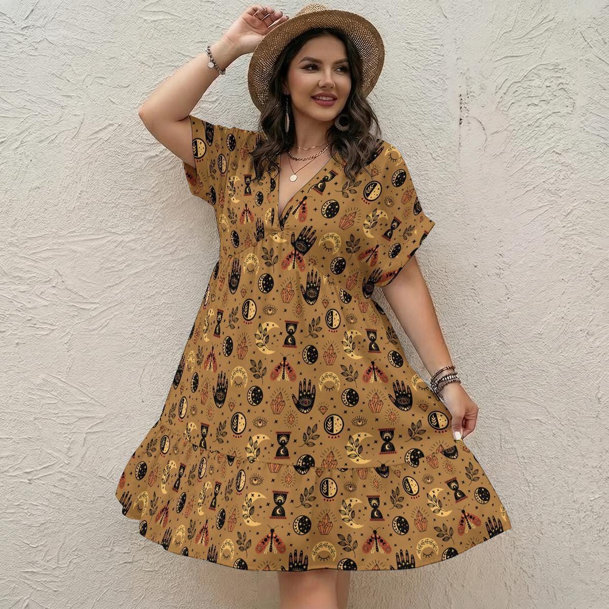 Mustard Mystic Symbol Mini Dress, Moon Phase Hand Print Babydoll Outfit