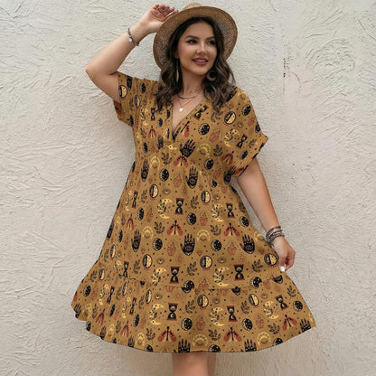 Mustard Mystic Symbol Mini Dress, Moon Phase Hand Print Babydoll Outfit
