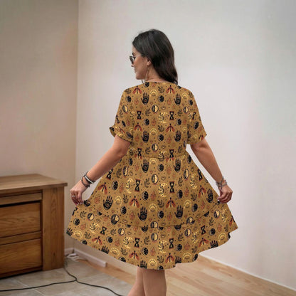 Mustard Mystic Symbol Mini Dress, Moon Phase Hand Print Babydoll Outfit