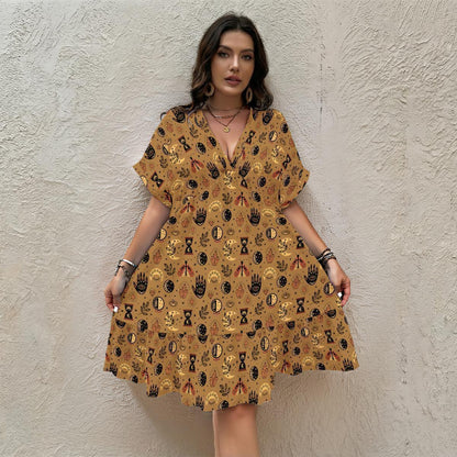 Mustard Mystic Symbol Mini Dress, Moon Phase Hand Print Babydoll Outfit
