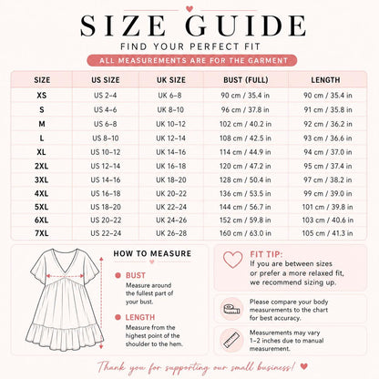 The image is a size guide that provides measurements and fit tips for various sizes of dresses. It includes a chart with measurements for bust, length, and other sizes, along with recommendations for the best fit based on the user's bust and length measurements. The guide also provides a fit tip for those who are between sizes or prefer a more relaxed fit. The image is a single, unbroken scene, and there are no additional images or text that can be described in more detail.
