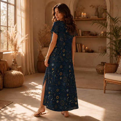 Celestial Sun Moon Maxi Dress, Navy Boho Lounge Outfit, Astrology Star Print