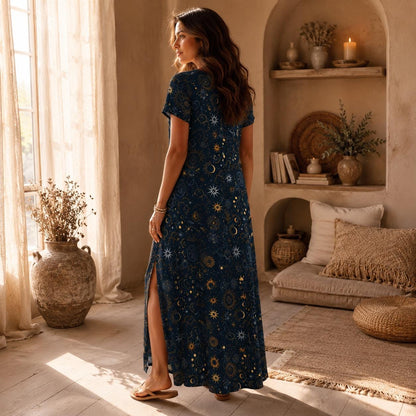 Celestial Sun Moon Maxi Dress, Navy Boho Lounge Outfit, Astrology Star Print