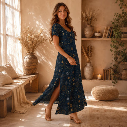 Celestial Sun Moon Maxi Dress, Navy Boho Lounge Outfit, Astrology Star Print