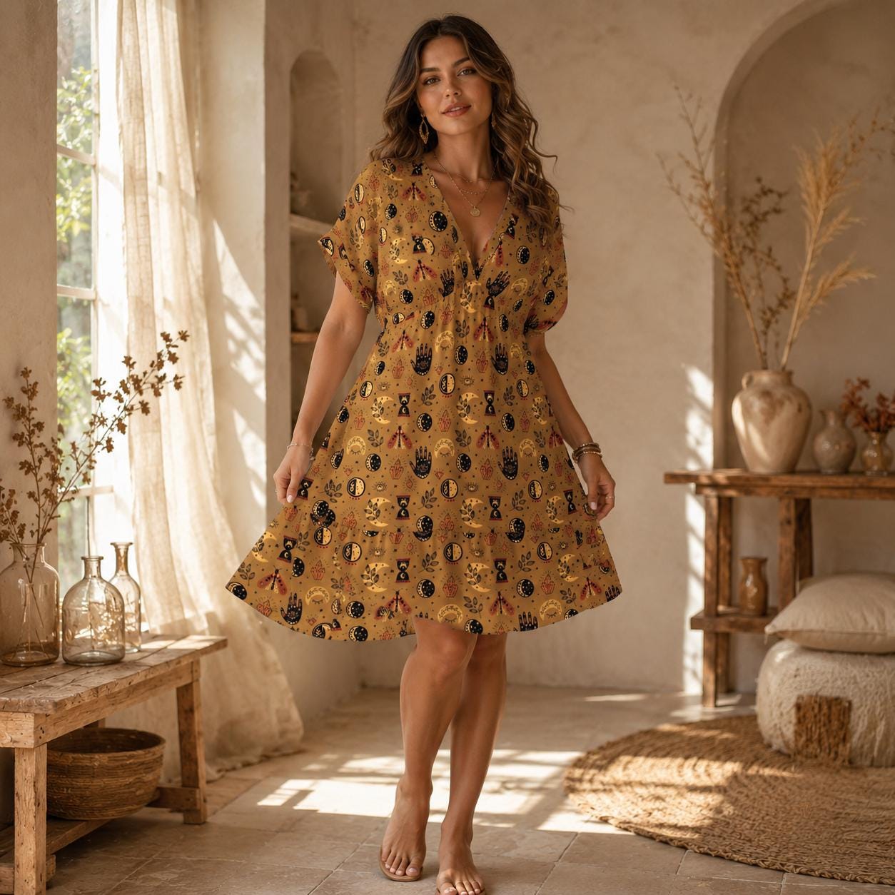 Mustard Mystic Symbol Mini Dress, Moon Phase Hand Print Babydoll Outfit